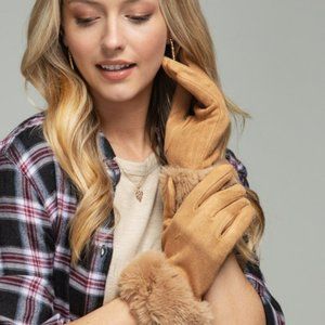 Fancy Faux Suede Tuape/ Beige Gloves With Fur Trim